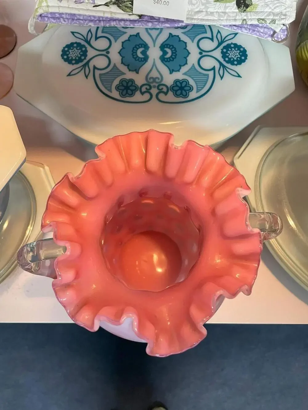 Fenton Vintage Cranberry Opalescent Coin Dot Double Handle Vase